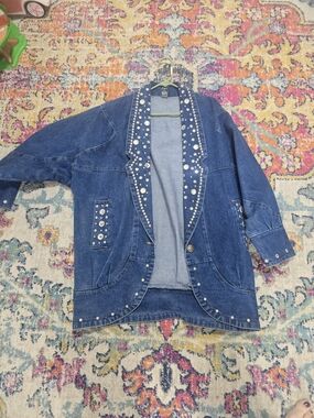 1980s Vintage Longline Denim "Tuxedo" Blazer | Oversized Cotton | Bling Detail